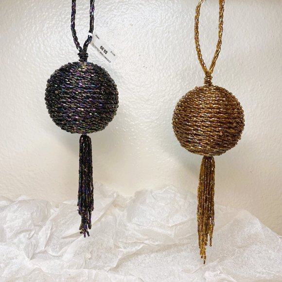 Christmas Ornaments Ball Shape with Tassel Gold and Black Beads Set of 2 - NWT - Picture 1 of 11